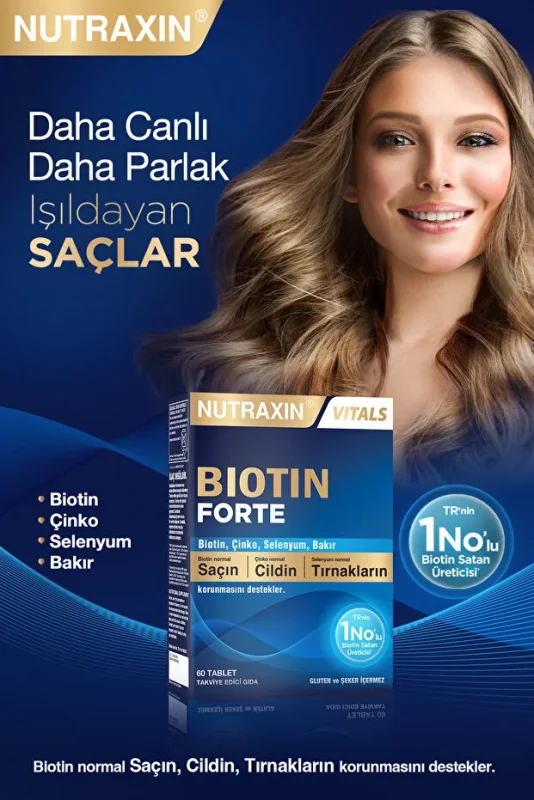 Nutraxin Biotin Forte 5.000 Mcg 60 Tbl - Biyotin, Çinko, Selenyum, Bakır Saç ve Tırnak Vitamini