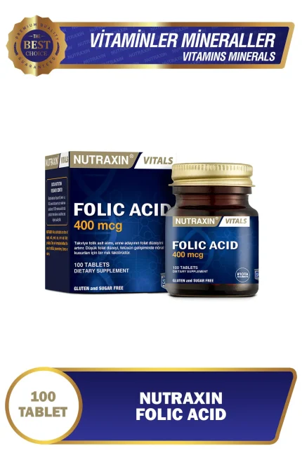 Nutraxin Folic Acid 400 mcg 100 Tablet | Folik Asit (B9) | Nöral Tüp Gelişimi İçin